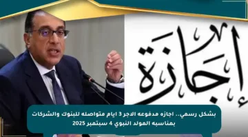 بشكل رسمي.. إجازة مدفوعة الأجر 3 أيام متواصلة للبنوك والشركات بمناسبة المولد النبوي 4 سبتمبر 2025